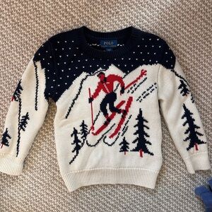 Polo by Ralph Lauren Cream, Navy & Red Ski Motif Crewneck Sweater